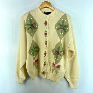 VTG Ashleigh Morgan Grannycore Cream Floral Argyle Cardigan Womens Large